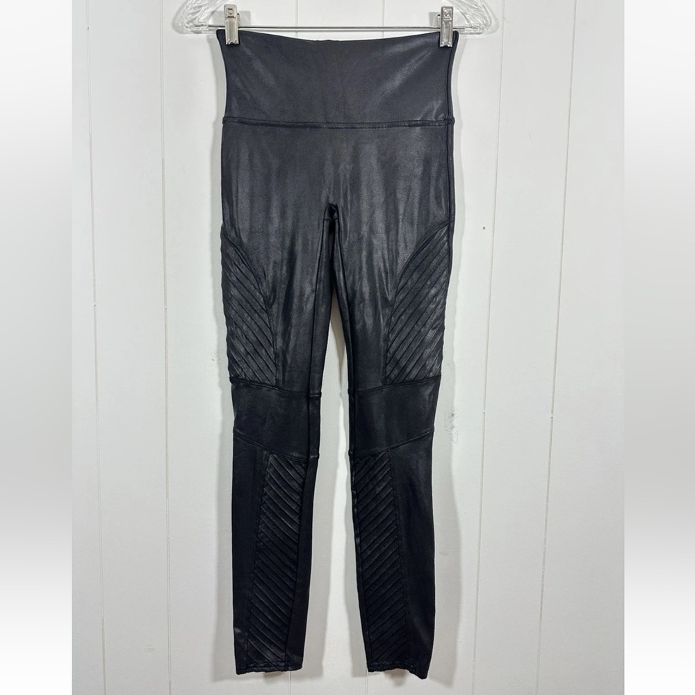Spanx Leggings Womens Sz M Faux Leather Moto Black Pants Slimming Stretch Skinny - Picture 1 of 12